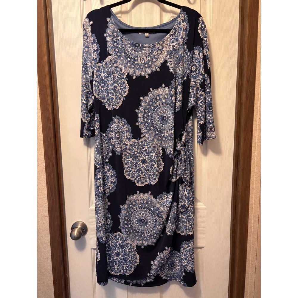 Robbie Bee Navy Blue Mandala Print Side Tie Sheath Dress Plus Size 1X